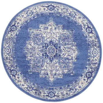 5' Ivory Navy Blue and Beige Floral Medallion Round Rug