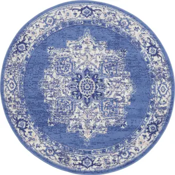 5' Ivory Navy Blue and Beige Floral Medallion Round Rug