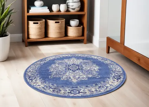 5' Ivory Navy Blue and Beige Floral Medallion Round Rug