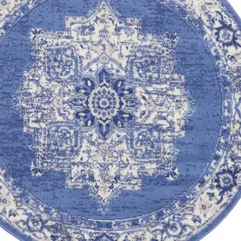 5' Ivory Navy Blue and Beige Floral Medallion Round Rug