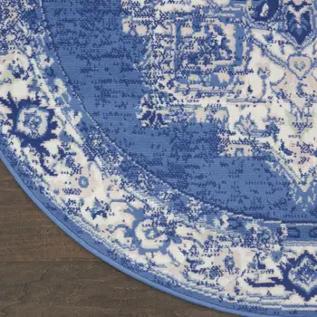 5' Ivory Navy Blue and Beige Floral Medallion Round Rug