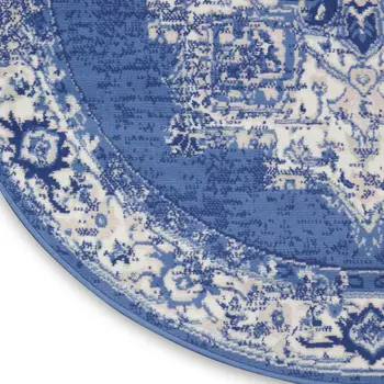 5' Ivory Navy Blue and Beige Floral Medallion Round Rug
