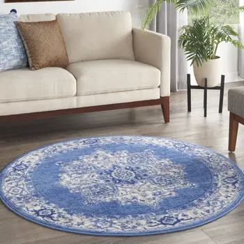 5' Ivory Navy Blue and Beige Floral Medallion Round Rug