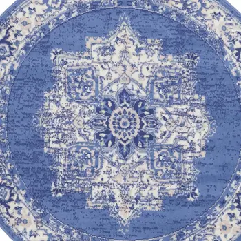 5' Ivory Navy Blue and Beige Floral Medallion Round Rug