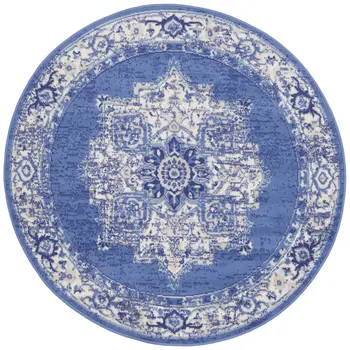 5' Ivory Navy Blue and Beige Floral Medallion Round Rug
