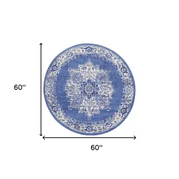 5' Ivory Navy Blue and Beige Floral Medallion Round Rug