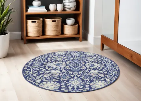 5' Navy Blue Ivory and Beige Floral Round Rug