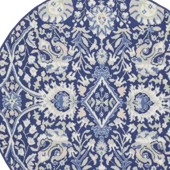 5' Navy Blue Ivory and Beige Floral Round Rug