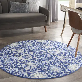 5' Navy Blue Ivory and Beige Floral Round Rug