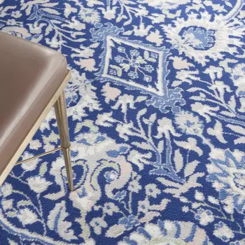 5' Navy Blue Ivory and Beige Floral Round Rug