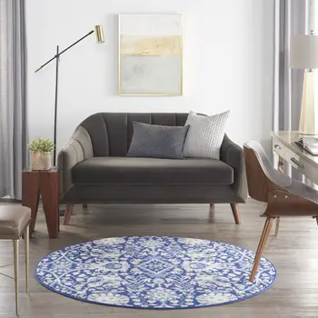 5' Navy Blue Ivory and Beige Floral Round Rug