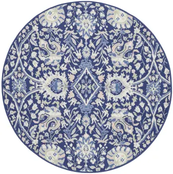 5' Navy Blue Ivory and Beige Floral Round Rug