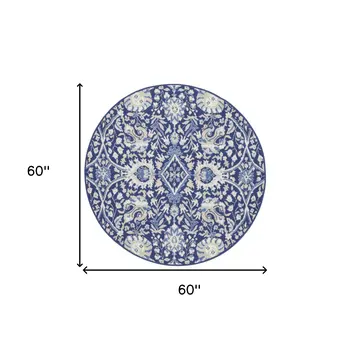 5' Navy Blue Ivory and Beige Floral Round Rug