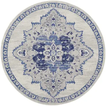 5' Ivory and Blue Floral Medallion Round Rug