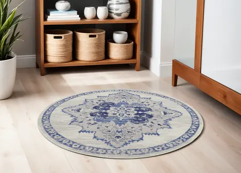 5' Ivory and Blue Floral Medallion Round Rug