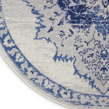 5' Ivory and Blue Floral Medallion Round Rug