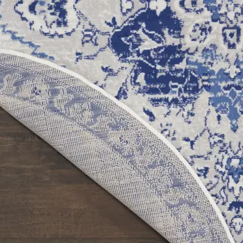5' Ivory and Blue Floral Medallion Round Rug