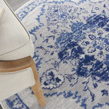 5' Ivory and Blue Floral Medallion Round Rug