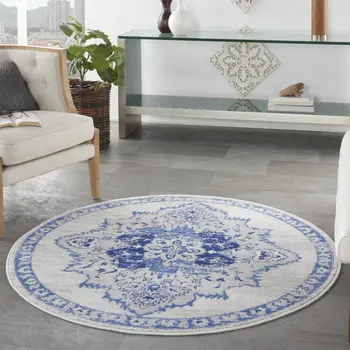 5' Ivory and Blue Floral Medallion Round Rug