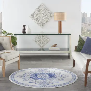 5' Ivory and Blue Floral Medallion Round Rug