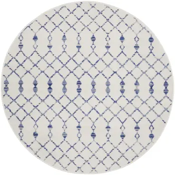 5' Ivory and Blue Geometric Round Rug