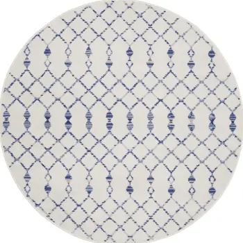 5' Ivory and Blue Geometric Round Rug