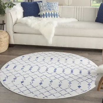 5' Ivory and Blue Geometric Round Rug
