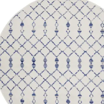5' Ivory and Blue Geometric Round Rug