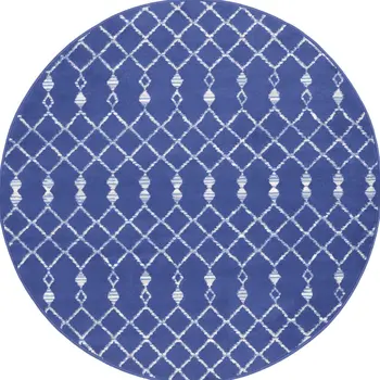 5' Navy Blue and Ivory Geometric Round Rug