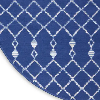 5' Navy Blue and Ivory Geometric Round Rug