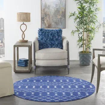 5' Navy Blue and Ivory Geometric Round Rug