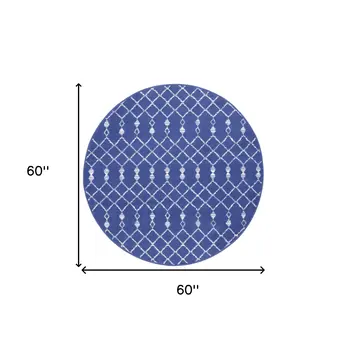 5' Navy Blue and Ivory Geometric Round Rug