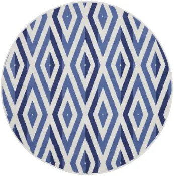 5' Ivory and Blue Geometric Round Rug