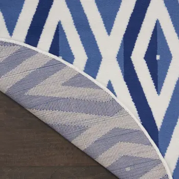 5' Ivory and Blue Geometric Round Rug