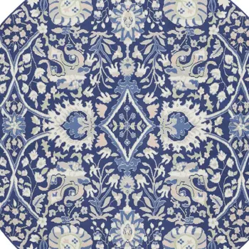 5' Ivory and Blue Geometric Round Rug