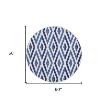 5' Ivory and Blue Geometric Round Rug
