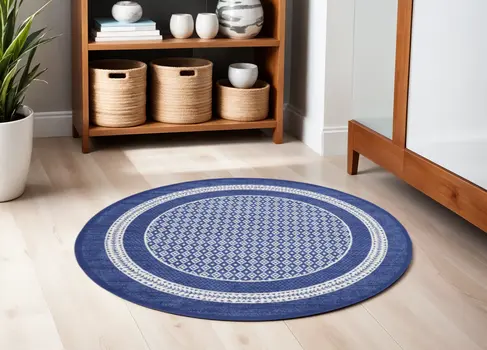 5' Ivory and Navy Blue Geometric Distressed Round Rug