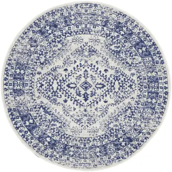 5' Ivory and Navy Blue Geometric Distressed Round Rug