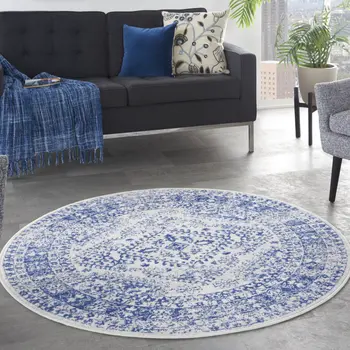 5' Ivory and Navy Blue Geometric Distressed Round Rug