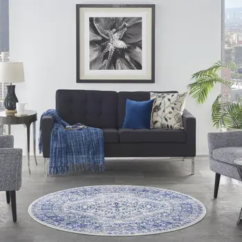 5' Ivory and Navy Blue Geometric Distressed Round Rug