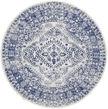 5' Ivory and Navy Blue Geometric Distressed Round Rug