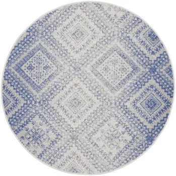 5' Ivory and Blue Geometric Distressed Round Rug
