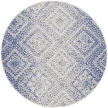 5' Ivory and Blue Geometric Distressed Round Rug