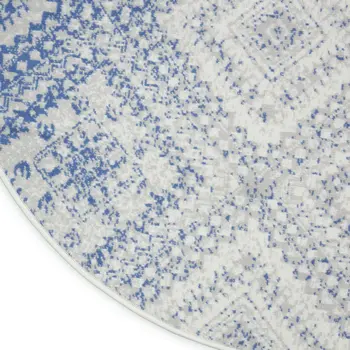 5' Ivory and Blue Geometric Distressed Round Rug