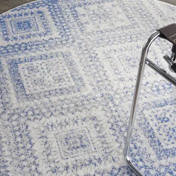 5' Ivory and Blue Geometric Distressed Round Rug