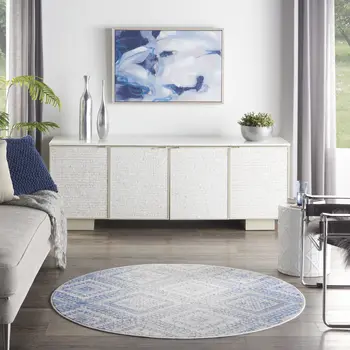 5' Ivory and Blue Geometric Distressed Round Rug