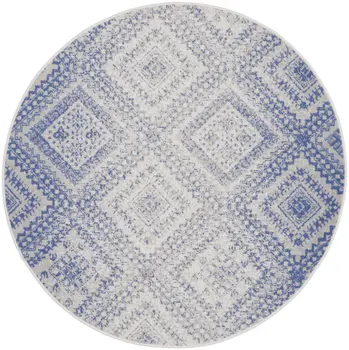 5' Ivory and Blue Geometric Distressed Round Rug