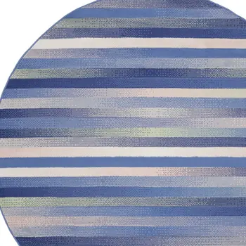 5' Ivory Tan and Blue Striped Round Rug