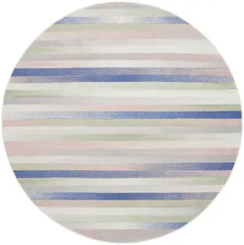 5' Ivory Tan and Blue Striped Round Rug