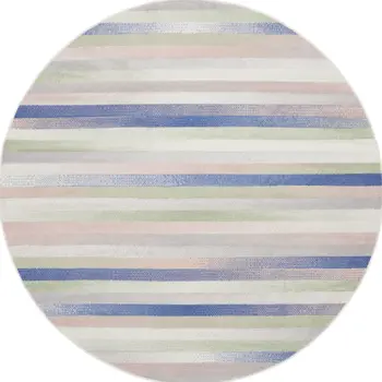 5' Ivory Tan and Blue Striped Round Rug